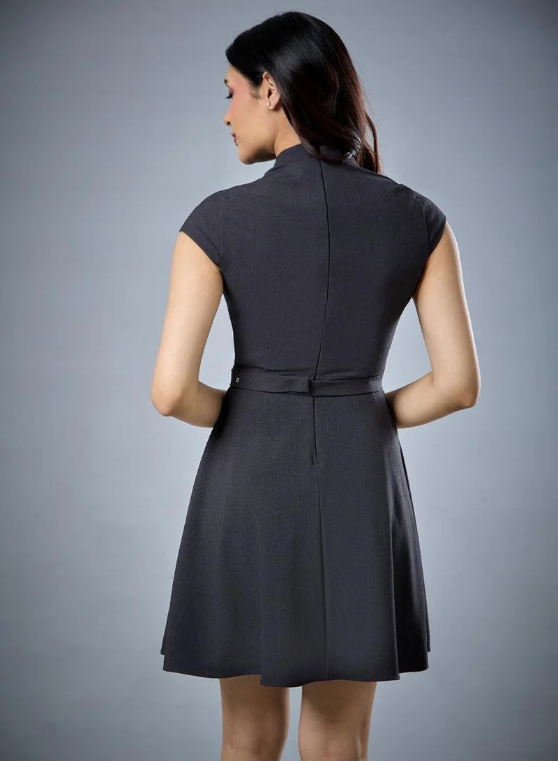 Zigzag  Short Sleeve Gray Belted Dress for Women | Best Price UAE